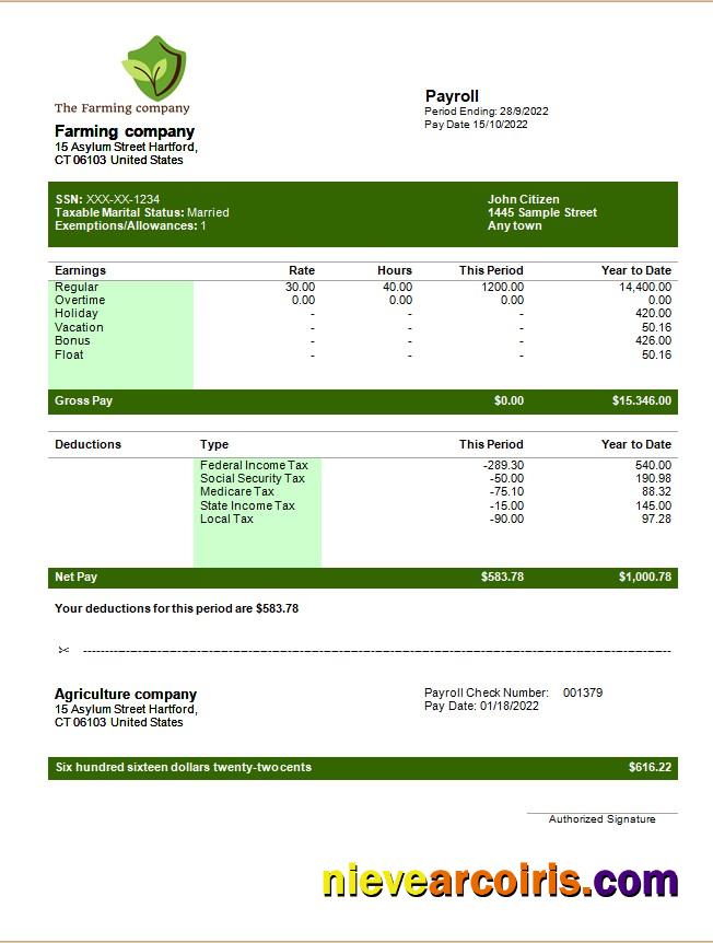 Farming company editable earning statement